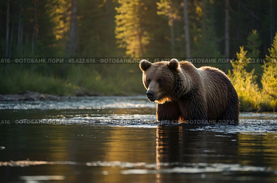 A brown bear is fishing in a river in the forest against the background of sunset. Стоковое AI-изображение, AI-художник Александр Поташев / Фотобанк Лори