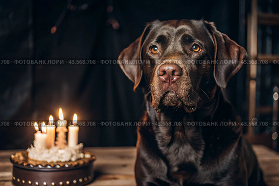 A brown, chocolate Labrador celebrates his birthday. The dog is sitting with a cake, balloons and flags at a pet's birthday party. Стоковое AI-изображение, AI-художник Photojuli / Фотобанк Лори