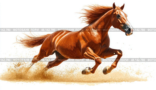 A brown horse is running through the sand. Стоковое AI-изображение, AI-художник Ярославский Максим / Фотобанк Лори