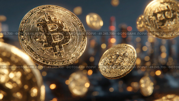 A bunch of gold coins with the letter B on them are flying through the air. Стоковое AI-изображение, AI-художник Ярославский Максим / Фотобанк Лори