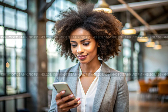 A businesslike dark-skinned African-American woman with curly hair. She is dressed in a casual jacket. In the hands of a smartphone. A businesswoman looks at her mobile phone. Стоковое AI-изображение, AI-художник Photojuli / Фотобанк Лори