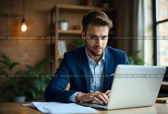 A businessman is working on a laptop. Стоковое AI-изображение, AI-художник RamA / Фотобанк Лори