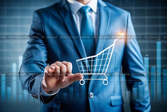 A businessman touches a virtual sales volume screen and shopping cart for a growing online sales business. A summary of the growth of online sales or the increase in the price of a grocery basket. Стоковое AI-изображение, AI-художник Photojuli / Фотобанк Лори