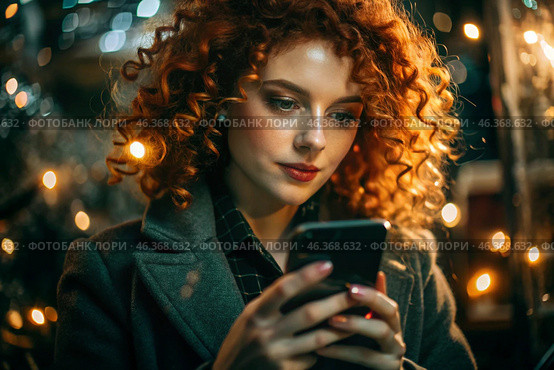 A businesswoman with curly red hair and freckles. She's wearing a coat. In the hands of a smartphone. A small business entrepreneur looks at her mobile phone. Стоковое AI-изображение, AI-художник Photojuli / Фотобанк Лори