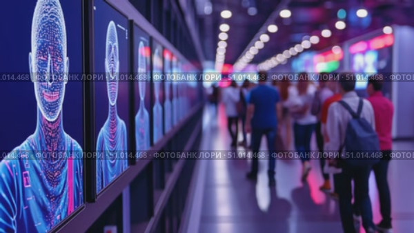 A bustling art exhibition highlights digital portraits with visitors exploring the colorful gallery and admiring innovative artwork in a lively atmosphere. Стоковое AI-видео, аниматор Данила Большаков / Фотобанк Лори