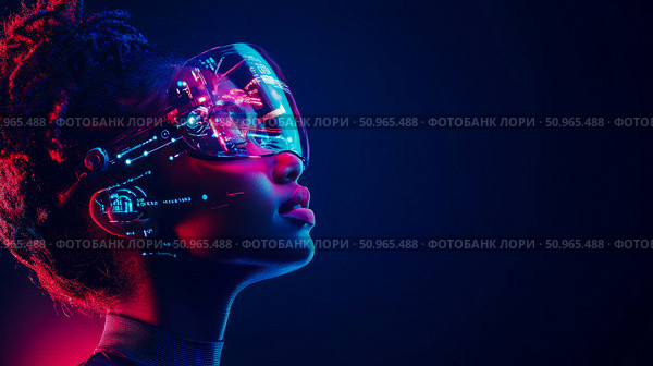 A captivating digital immersion, showcasing a futuristic user engaged with glowing cybernetic interface, for a concept of virtual reality. Стоковое AI-изображение, AI-художник Данила Большаков / Фотобанк Лори