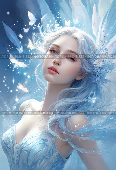 A captivating fairy with silvery blue hair adorned with flowers gazes thoughtfully, surrounded by shimmering butterflies and a mystical glow that evokes enchantment and beauty Generative AI. Стоковое AI-изображение, AI-художник Юлия Петровская / Фотобанк Лори