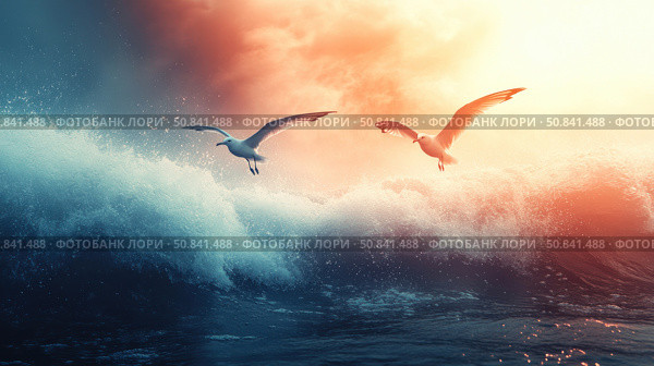 A captivating image of two seagulls soaring over rough sea waves against a dramatic sunset sky. The powerful element of water, bright light and movement create a sense of freedom, flight and the power of nature. Perfect for use with travel, freedom, power of the elements and inspiration themes. Стоковое AI-изображение, AI-художник Анна Кривицкая / Фотобанк Лори