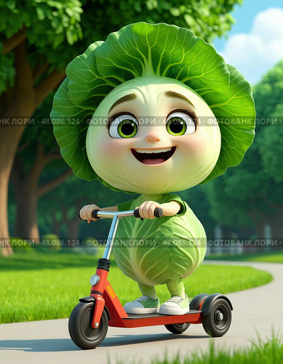 A cartoon character is riding a red scooter. Стоковое AI-изображение, AI-художник Ярославский Максим / Фотобанк Лори
