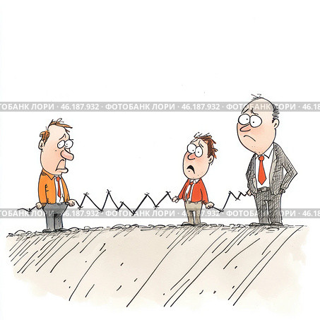 A cartoon depicting two people pulling a taut rope that appears to zigzag, giving the impression of difficulty in their actions. One is a man in a business suit, looking concerned, the other is younger and less formal, looking confused. This image may illustrate a misunderstanding or a difference in approach to a problem. The background is left blank to focus attention on the figures and their expressions. Стоковое AI-изображение, AI-художник Анна Кривицкая / Фотобанк Лори