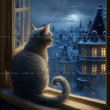 A cat in winter sitting on a window and looking outside, a night winter landscape with a moon in the sky and gabled roofs of houses, watercolor painting , Generative AI. Стоковое AI-изображение, AI-художник Анна Кривицкая / Фотобанк Лори