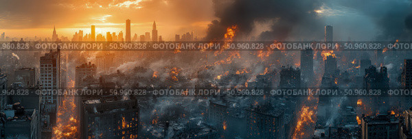 A catastrophic urban landscape ablaze at sunset, with towering structures engulfed in widespread fire and dark smoke, conveying a grim aftermath or impending doom, suitable for a dramatic cinematic c. Стоковое AI-изображение, AI-художник Данила Большаков / Фотобанк Лори