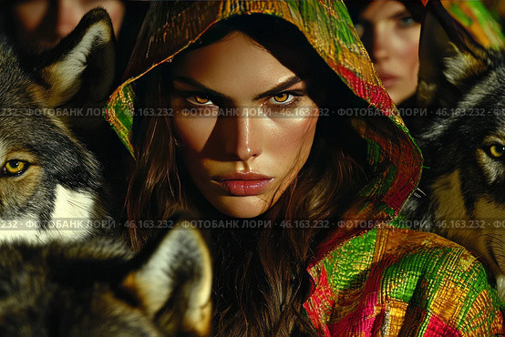 A charismatic woman with piercing yellow eyes, dressed in a bright, textured hooded cloak. Her face is illuminated by dramatic light, creating an effect of mystery. Around her are wolves, looking in different directions, which enhances the feeling of a person's connection with nature and wildness. In the background, several similar figures are visible, hidden in the shadows, which adds to the mystery and mysticism. The atmosphere of the image conveys strength, confidence, primitiveness and unity with the wild. Стоковое AI-изображение, AI-художник Анна Кривицкая / Фотобанк Лори