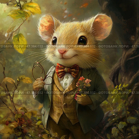 A charming anthropomorphic mouse standing in the forest. He is dressed in a vintage suit: a green jacket, a plaid vest, a shirt and a bow tie. In one paw he holds glasses, in the other - a bouquet of wild flowers. His look is good-natured and a little dreamy, and the scene itself is filled with coziness, warmth and the atmosphere of a kind fairy tale. The illustration is made in a highly detailed digital painting style, with soft light, fur and forest textures, which makes it ideal for children's books, postcards and fantasy art. Стоковое AI-изображение, AI-художник Анна Кривицкая / Фотобанк Лори