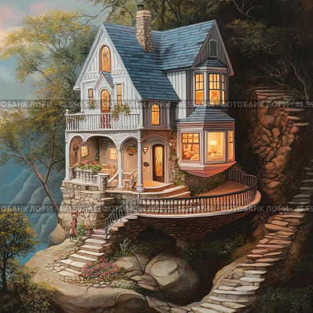 A charming fairytale house built on the edge of a cliff. The house is Victorian in style, with white wooden columns, carved balconies, arched windows and a cozy veranda. The evening light pours in from the windows, creating a feeling of warmth and coziness.A stone staircase built right into the cliff leads to the house, emphasizing its unique location. Trees and flowers grow around, giving the scene a picturesque feel. The background is a misty blue, creating depth and a feeling of sublimity.The painting resembles an illustration for a fairy tale or a fantasy plot, where the house seems to be part of a magical world. Стоковое AI-изображение, AI-художник Анна Кривицкая / Фотобанк Лори