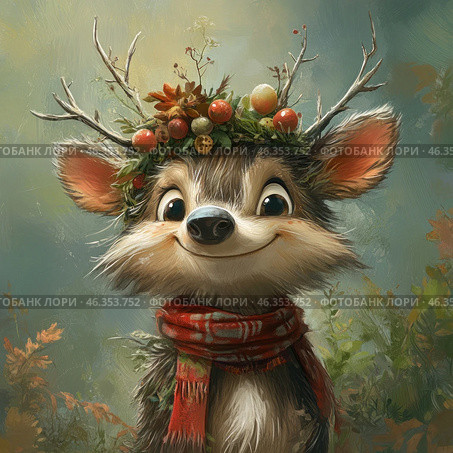 A charming fantasy fawn with big shiny eyes and a good-natured smile. Its fur is fluffy and warm, its ears are large and expressive. On its head it has small branched antlers, decorated with an autumn wreath of berries, leaves and flowers. A cozy red patterned scarf is tied around its neck, creating a feeling of warmth and coziness. The background is made in soft natural tones - green-blue haze with elements of foliage and autumn plants. The illustration is made in the style of fantasy painting with an emphasis on cute and fabulous details. Стоковое AI-изображение, AI-художник Анна Кривицкая / Фотобанк Лори