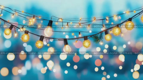 A charming string of glowing warm illuminations creating a festive ambiance against a shimmering blue and gold blurred backdrop. Стоковое AI-видео, аниматор Данила Большаков / Фотобанк Лори