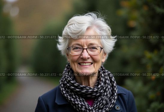 A cheerful elderly woman smiles warmly while strolling along a pathway lined with trees, wrapped in a cozy scarf, enjoying the serene autumn atmosphere Generative AI. Стоковое AI-изображение, AI-художник Юлия Петровская / Фотобанк Лори