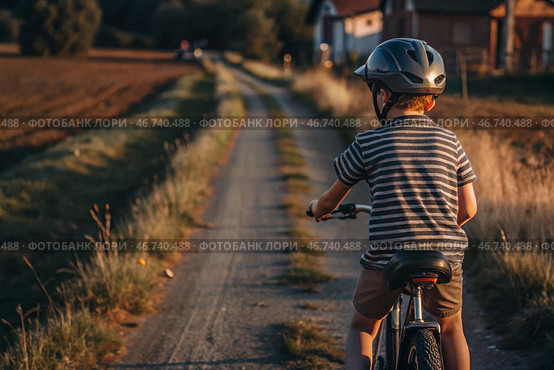 A cheerful little boy rides a bicycle in a helmet outdoors. A happy child is engaged in an active sport. Protection. Life insurance and child safety. Стоковое AI-изображение, AI-художник Photojuli / Фотобанк Лори