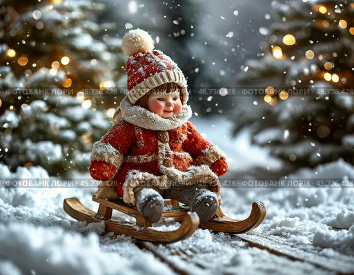 A cheerful toddler slides down a sled. Festive winter atmosphere. Стоковое AI-изображение, AI-художник Сергей Елизарьев / Фотобанк Лори