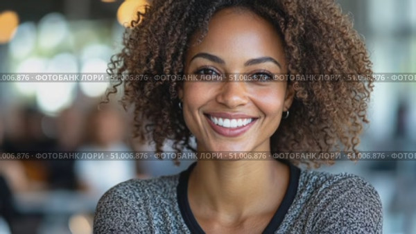 A cheerful woman with curly hair enjoys her time in a lively café, radiating positivity and connection with her surroundings. Стоковое AI-видео, аниматор Данила Большаков / Фотобанк Лори