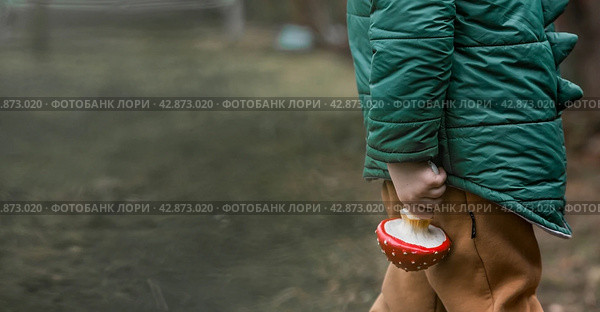 A child and a fly agaric. The boy with the fly agaric. A dangerous poisonous mushroom in the hands of a child. Mushroom poisoning, microdosing, eating herbal medicine. Стоковое фото, фотограф Photojuli / Фотобанк Лори