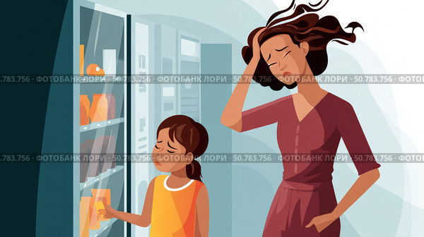 A child choosing a sugary snack at a vending machine, with a parent shaking their head in disapproval. Стоковое AI-изображение, AI-художник ALLA YURTAYEVA / Фотобанк Лори