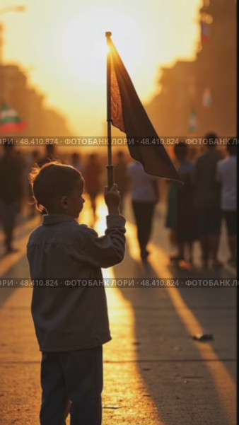 A child holding a small black flag, standing in a crowded street at sunset, the golden light casting long shadows as people march. Стоковое AI-видео, аниматор Sergey Grishin / Фотобанк Лори