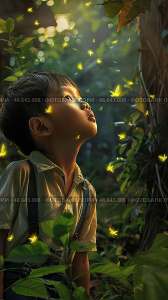 A child stands mesmerized in a vibrant forest, surrounded by twinkling fireflies as the day transitions into twilight. Стоковое AI-изображение, AI-художник Данила Большаков / Фотобанк Лори
