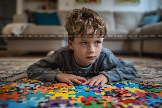 A child with autism spectrum disorders (ASD) such as Asperger's, Rhett and Heller. Стоковое AI-изображение, AI-художник Ирина Ручушкина / Фотобанк Лори