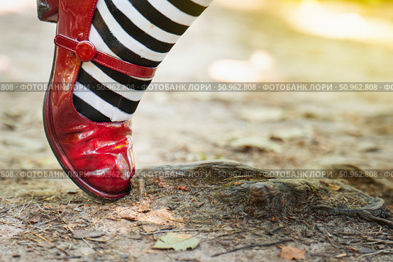 A child's foot in a striped sock and red shoe tripping over a tree root on a forest path during outdoor exploration. Стоковое фото, фотограф Татьяна Степанищева / Фотобанк Лори