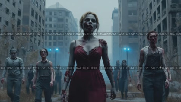 A chilling procession of undead beings shambling through a desolate, crumbling metropolis under a grim sky. Стоковое AI-видео, аниматор Данила Большаков / Фотобанк Лори