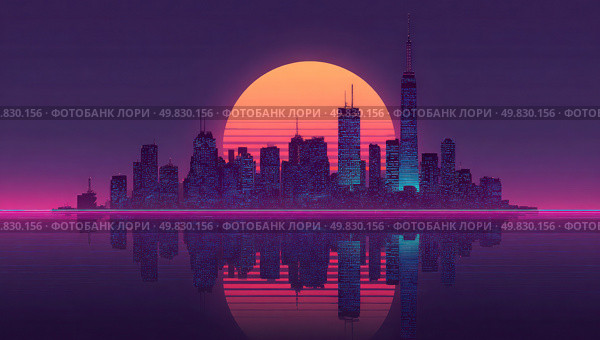 A city skyline is reflected in the water with a large sun in the background. Стоковое AI-изображение, AI-художник Ярославский Максим / Фотобанк Лори