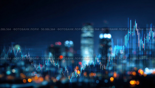 A city skyline with a dark blue background. Стоковое AI-изображение, AI-художник Ярославский Максим / Фотобанк Лори