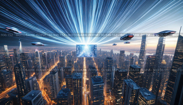 A cityscape with a bright blue sky and a few flying cars. Стоковое AI-изображение, AI-художник Ярославский Максим / Фотобанк Лори