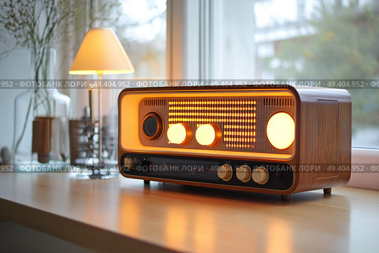 A classic 1970s-style vintage radio with prominent large dials and a traditional design. It’s bathed in warm light and functions as a nostalgic music player.,  created by ai. Стоковое AI-изображение, AI-художник Виталий Сова / Фотобанк Лори