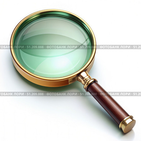 A Classic Magnifying Glass With a Gold Trim and Wooden Handle on a White Background. Generative AI. Стоковое AI-изображение, AI-художник Roman Zavorotny / Фотобанк Лори