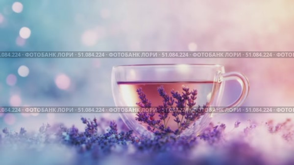 A clear glass cup filled with lavender tea sits on a soft, colorful background. Lavender flowers surround the cup, creating a calming atmosphere. Стоковое AI-видео, аниматор Nart / Фотобанк Лори