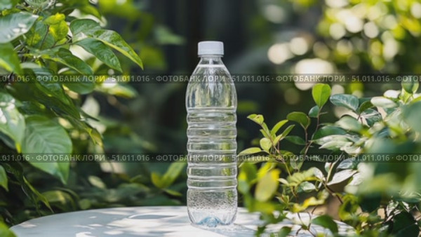 A clear water bottle is showcased surrounded by thriving green foliage, capturing the essence of nature in a serene garden environment. Стоковое AI-видео, аниматор Данила Большаков / Фотобанк Лори