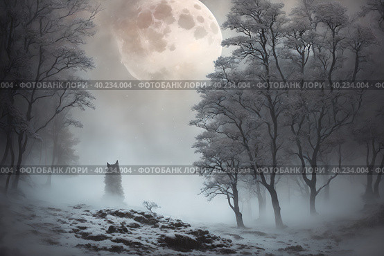 A cliff looking like giant wolf, warg Fenrir, looking at you trough snow covered trees in the northern forest at twilight. AI generated. Стоковое AI-изображение, AI-художник Сергей Старуш / Фотобанк Лори