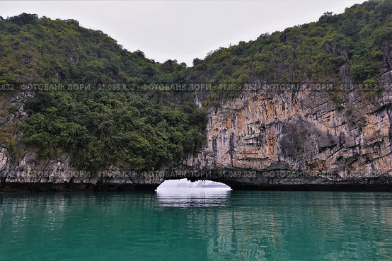 A cliff with steep slopes and green vegetation in Halong Bay. Above the water is a natural stone archway. Reflection. Vietnam (2019 год). Стоковое фото, фотограф Вера Ивановна Кубарева / Фотобанк Лори