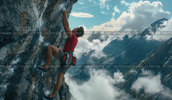 A climber climbs a steep cliff against a background of clouds. An extreme sport. Стоковое AI-изображение, AI-художник Ярославский Максим / Фотобанк Лори