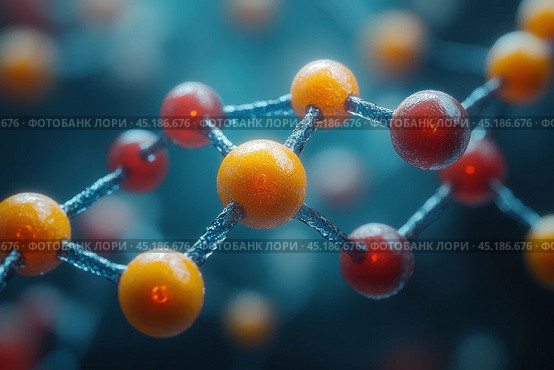 A close-up abstract visualization of a molecular structure or nanotechnology network. Brightly colored spheres representing atoms or particles are connected by threads symbolizing molecular bonds. The spheres are colored orange and red, and the connecting threads have a metallic texture. The background is blurred, allowing the details of the structure to be in focus. The image creates a scientific and technical atmosphere and can be associated with nanotechnology, bioengineering, chemistry, or physics. Стоковое AI-изображение, AI-художник Анна Кривицкая / Фотобанк Лори