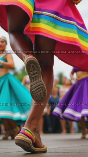 A close-up of a dancer's feet in traditional Mexican huaraches, mid-step during a folkloric dance performance. The vibrant skirt waving on air. Стоковое AI-видео, аниматор Sergey Grishin / Фотобанк Лори