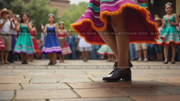 A close-up of a dancer's feet in traditional Mexican huaraches, mid-step during a folkloric dance performance. The vibrant skirt waving on air. Стоковое AI-видео, аниматор Sergey Grishin / Фотобанк Лори