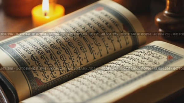 A close-up of a dusty Qur'an resting on a wooden stand, Koran pages open to a verse about sacrifice, bathed in soft candlelight. Стоковое AI-видео, аниматор Sergey Grishin / Фотобанк Лори