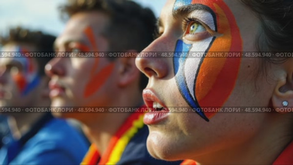 A close-up of a fan's face painted with intricate colors team designs, their eyes wide with anticipation as they watch the match on a giant sport stadium. Стоковое AI-видео, аниматор Sergey Grishin / Фотобанк Лори