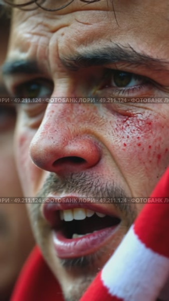 A close-up of a fan's face streaked with emotions of disappointment, their team's scarf clutched tightly, big sport stadium full. Стоковое AI-видео, аниматор Sergey Grishin / Фотобанк Лори