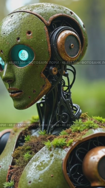 A close-up of a garden companion robot with moss-covered shoulders forgotten in backyard many years ago. Стоковое AI-видео, аниматор Sergey Grishin / Фотобанк Лори