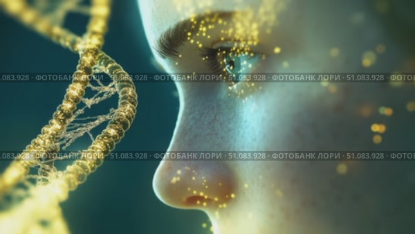 A close-up of a human face with a DNA helix overlay. The face has a smooth complexion and glowing features, emphasizing themes of genetics and biotechnology. Стоковое AI-видео, аниматор Nart / Фотобанк Лори